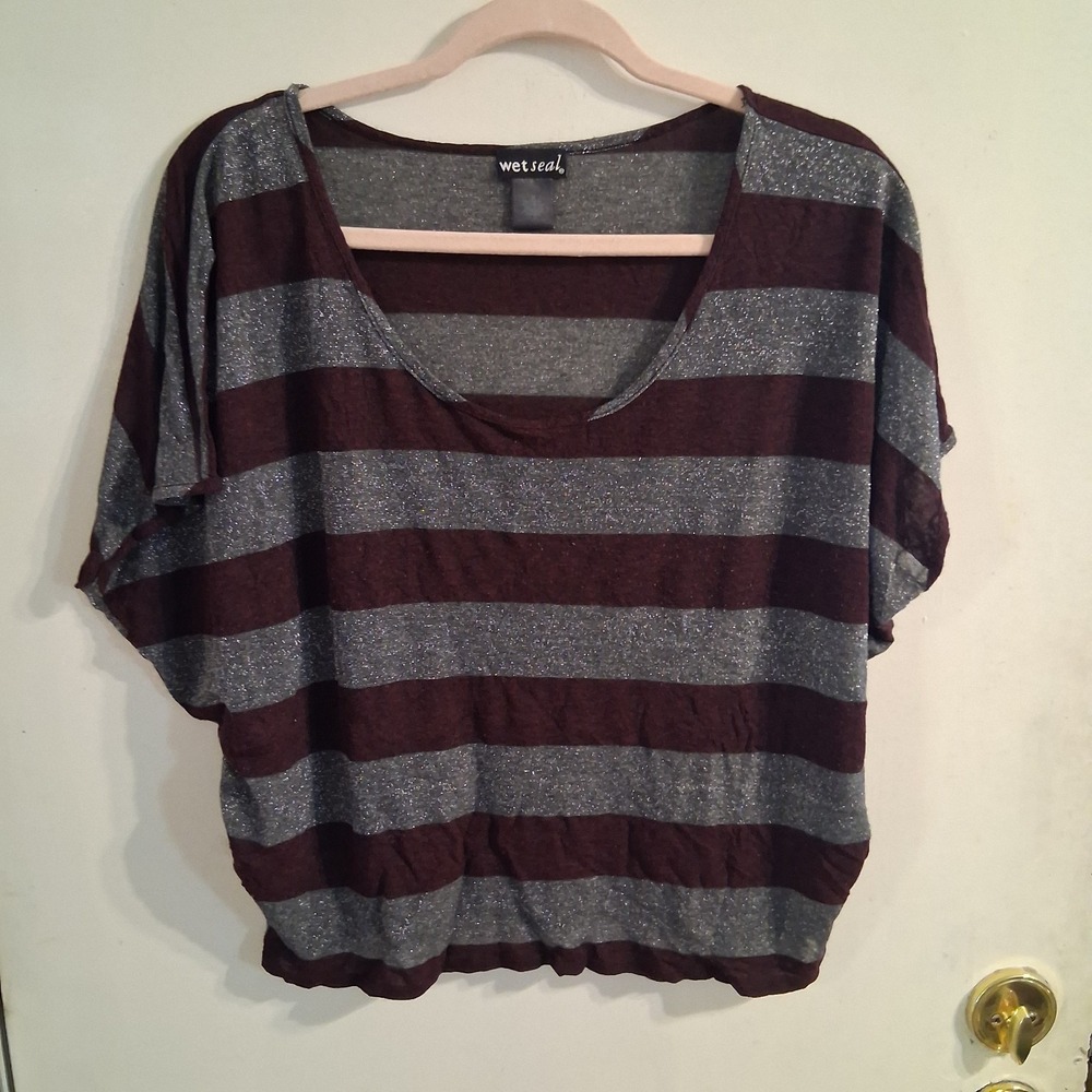 Vtg Y2K Wet Seal Plum Glitter Silver Striped Top EUC M